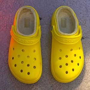 Yellow crocs with fur